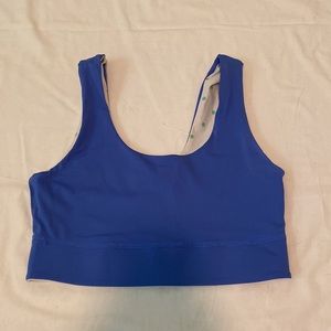 Reversible Fabletics sports bra; blue, green, and white